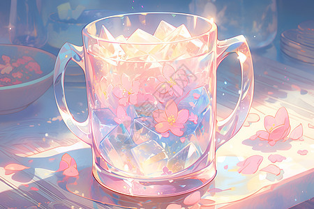 玻璃花杯上的粉色花朵图片