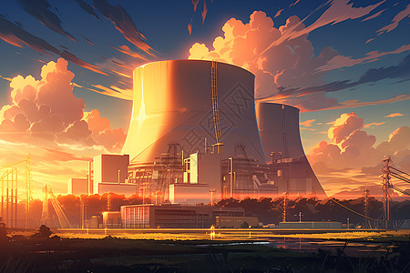 夕阳映照下的核电厂图片