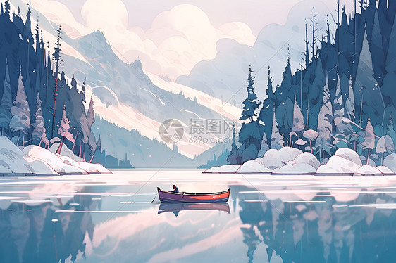 冬日湖中的小船图片