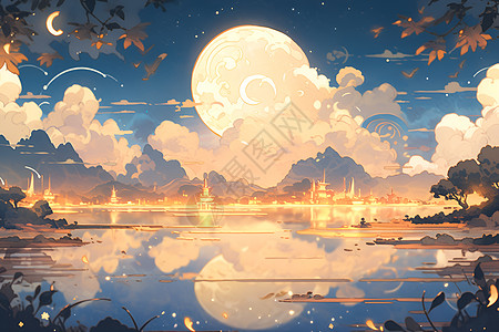 中秋月夜湖泊图片
