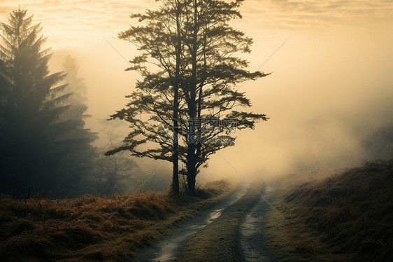 山间雾气中的孤寂之路图片