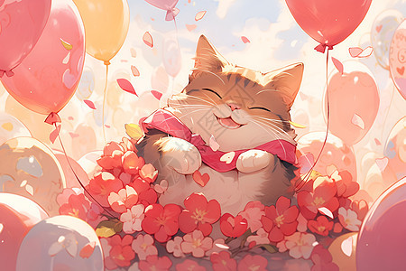 福猫怀抱红气球图片