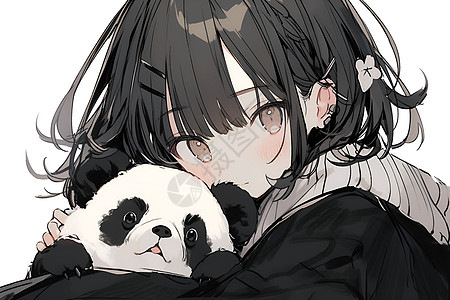 可爱的女孩抱着熊猫玩偶图片