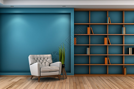 书架柜子空荡荡的蓝色书房背景