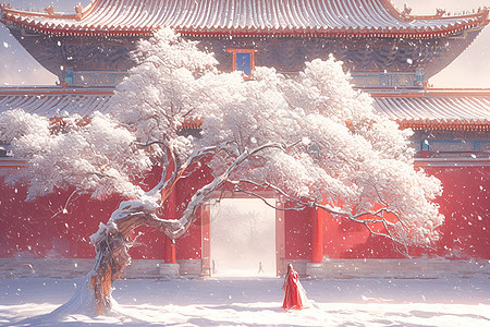 红梅雪中建筑图片