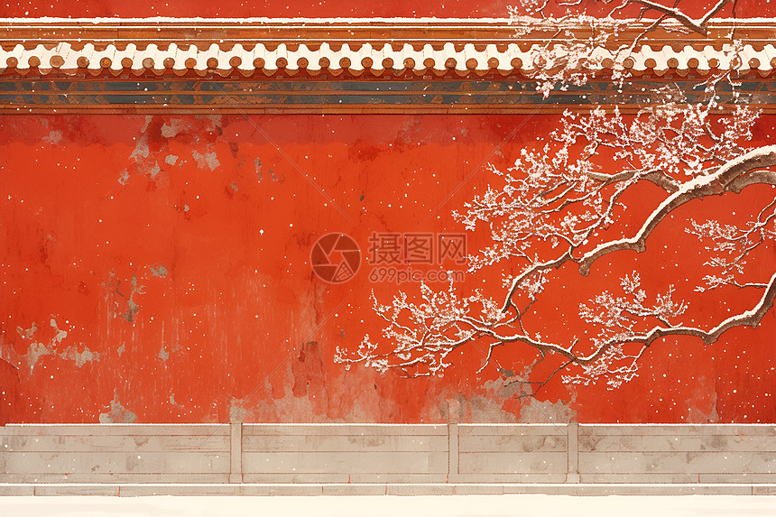 复古的红墙雪景图片