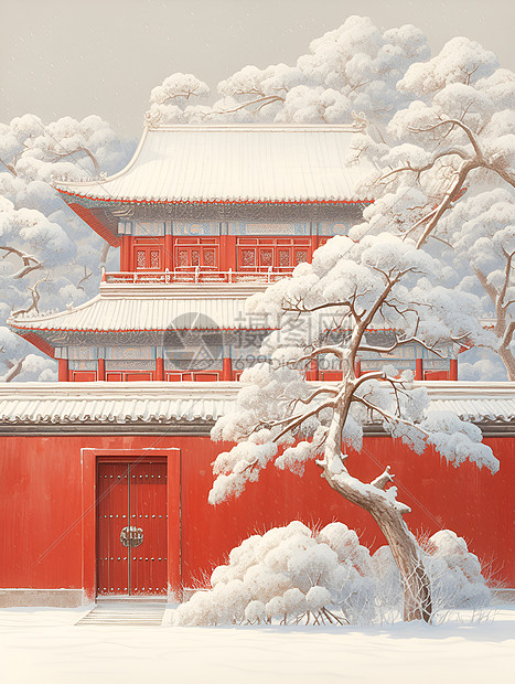 冬日白雪红墙图片