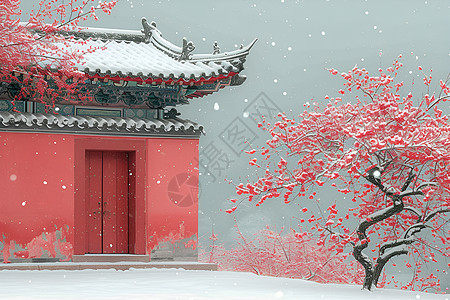 红楼与雪中梅树图片