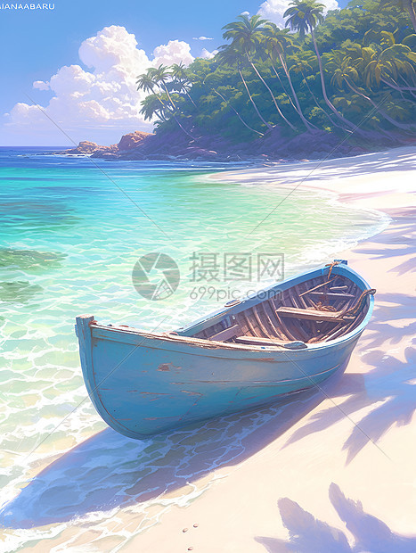 静谧沙滩上的小船图片
