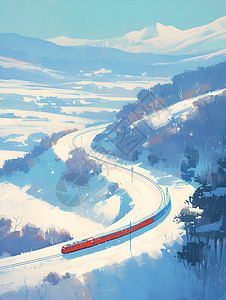 红色列车穿越白色森林图片