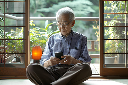 手机眼镜坐在木地板上使用手机的男人背景