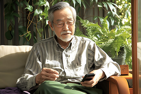 老年男人坐在沙发上使用手机图片