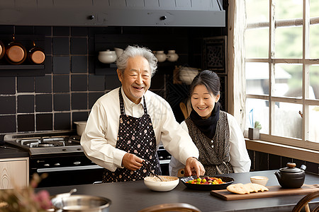 老年夫妻在厨房里烹饪背景