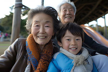 老年夫妻带着孙子在公园里玩耍图片