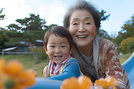 奶奶带着孙子在花园里玩耍图片