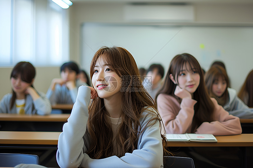 教室里的长发女学生图片