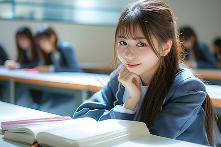 女学生在学习可爱的女学生在教室里学习背景