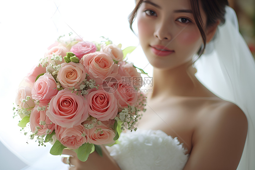 新娘微笑举着花束图片