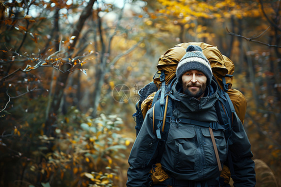 秋天树林中行走的背包男子图片