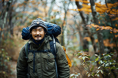 森林里背包旅行的男人图片