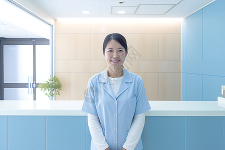 前台微笑的女护士背景图片