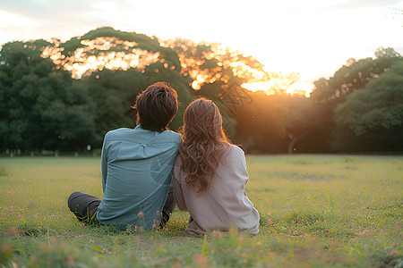 情侣看日落夕阳下依偎在绿草丛中的一对情侣背景