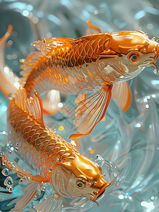 两条金鲤鱼在水中游动展图片