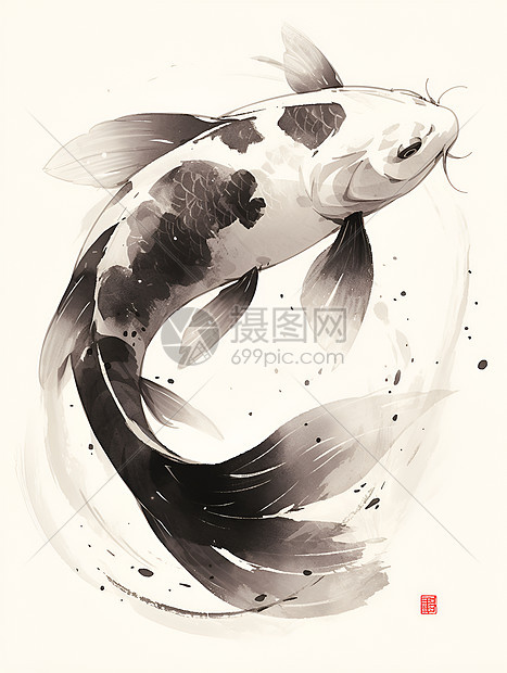 黑白锦鲤的水墨画图片