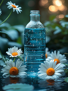 水面飘浮的雏菊和瓶子图片