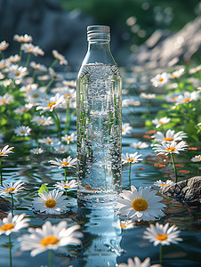 水瓶漂浮在溪流中高清图片