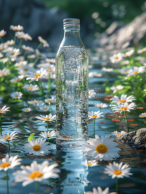 水瓶漂浮在溪流中图片