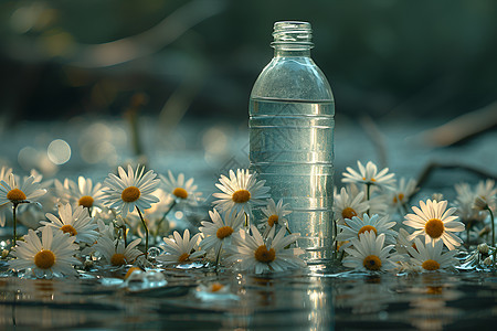 雏菊围绕水瓶生长图片