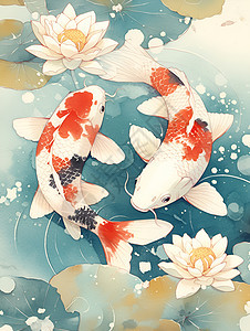 水墨静谧两条锦鲤图片