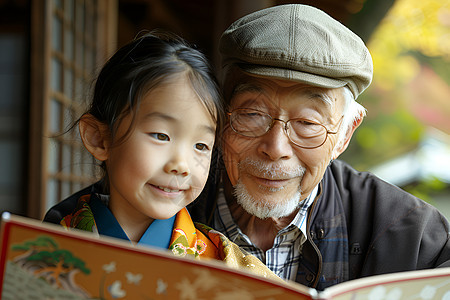 老人和女孩儿一起读书图片