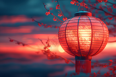 新年夕阳下的红灯笼插画