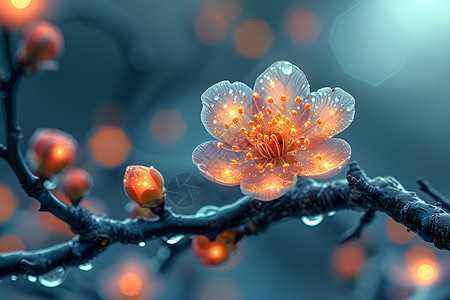 滴水树枝上绽放的梅花插画