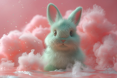 粉色毛球前的小兔子图片