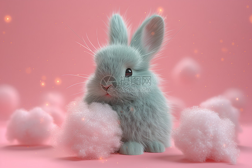 玩粉色毛球的兔子图片