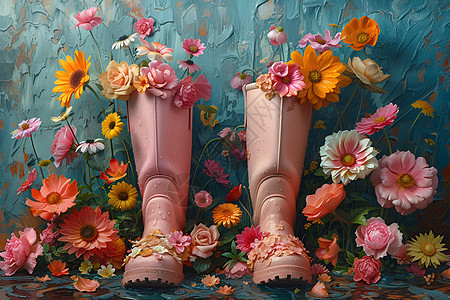 花朵装饰的粉色靴子图片