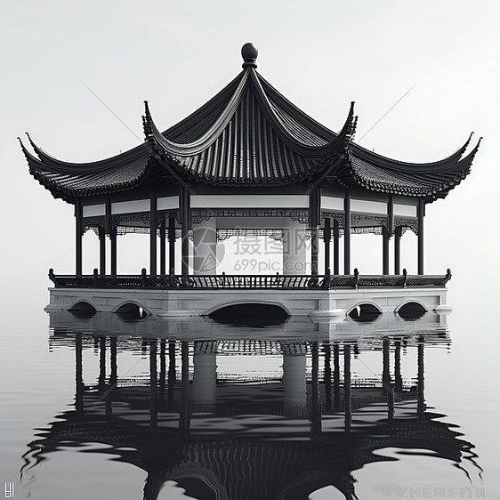 水中的中国亭子图片