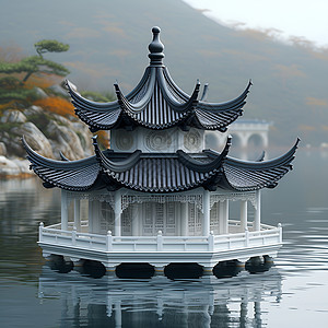 湖畔上的中国古建筑图片
