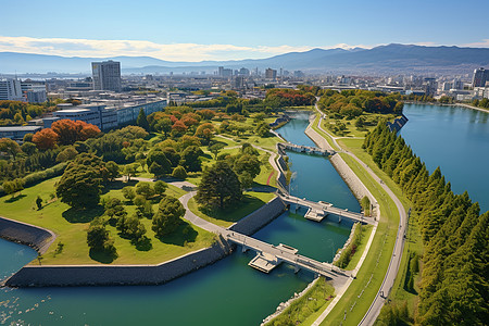 俯视风景城市旁的绿色公园背景