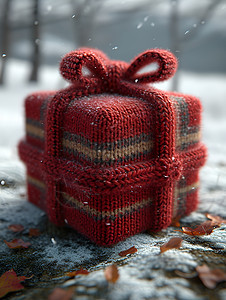雪地中的红色礼物盒图片