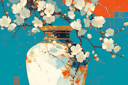 花瓶中的梅花绘画图片