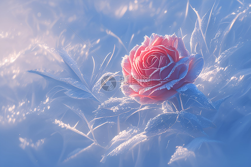 冰霜之下的红玫瑰图片