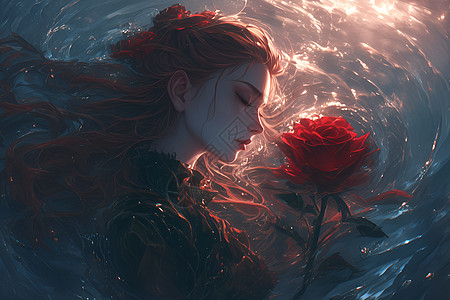 沐浴在自然光的轻抚中一位女子手握鲜红的玫瑰身后波涛汹涌远处太阳熠熠生辉图片