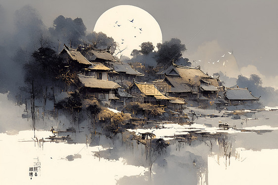 迷雾中的村庄图片