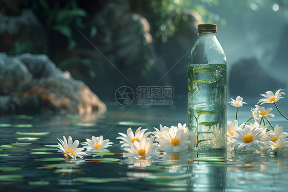 清澈池塘上的水瓶图片