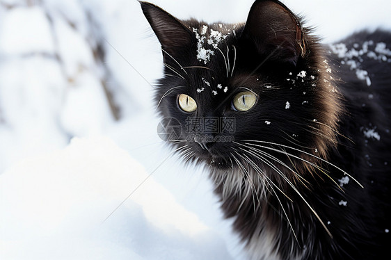 黑猫在雪地中好奇地望向相机图片