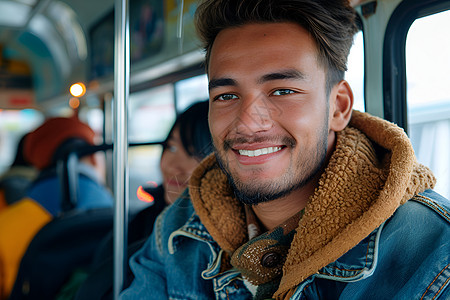 公交车上微笑的小伙子图片